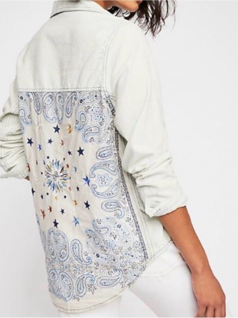 Free People Bandana Bandit Shirt M Hemp Cotton Paisley Embroidered Stars Western